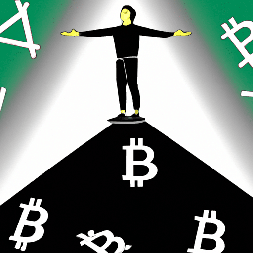 Stration of a figure standing atop a mountain of cryptocurrency coins, arms outstretched, surveying a series of decentralized financial platforms below