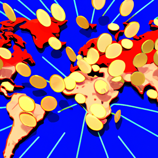 Nd blue world map with arrows of gold coins radiating from the center and connecting different countries