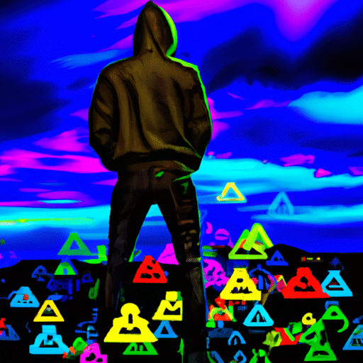 E in a hoodie and jeans, standing atop a mountain of colorful blockchains, looking out onto a vast landscape of lightning strikes, tech gadgets, and other obstacles