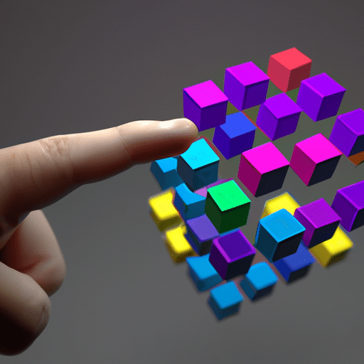 -up of a hand with a single finger pointing to a colorful, three-dimensional cube made up of multiple smaller cubes, each representing a different stage of blockchain technology