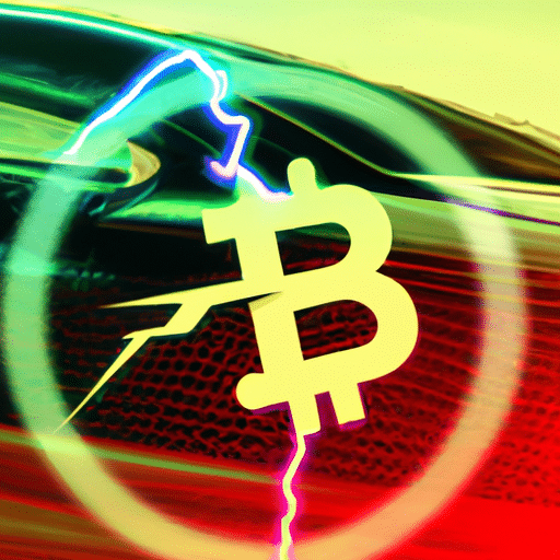 Ful, abstract background of a Tesla car with a Bitcoin logo inlayed in the hood and a lightning bolt emanating from the logo