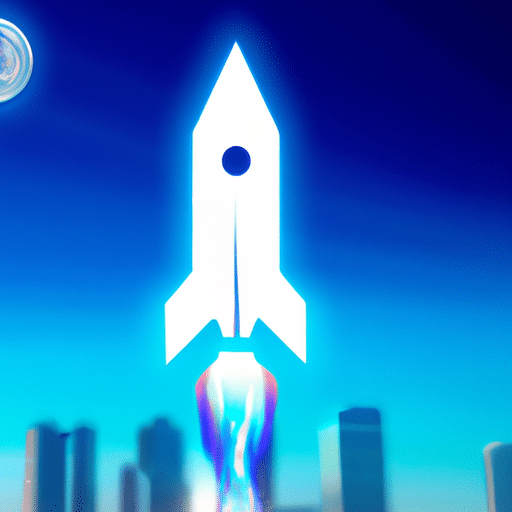 Ract image of a rocket taking off with a background of blue sky and a backdrop of a futuristic cityscape, with a glowing crypto symbol near the top