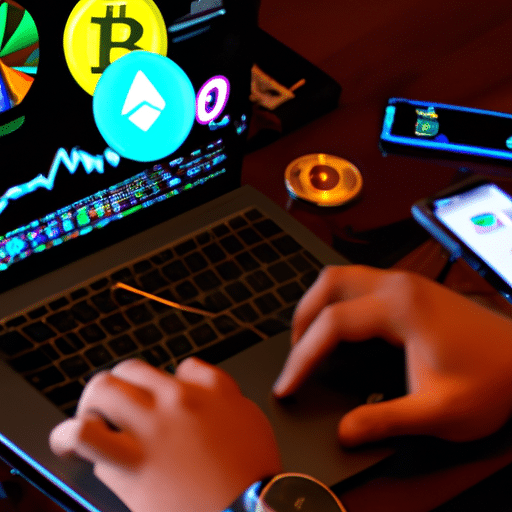 N using a laptop and a mobile phone at the same time, with a variety of cryptocurrency symbols scattered around them