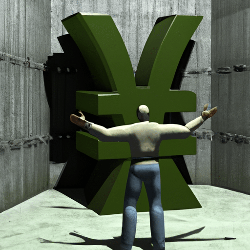 E of a person with their arms outstretched, in front of a padlocked vault, with a currency symbol on the lock