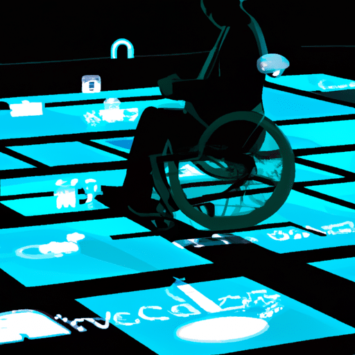 E of a person in a wheelchair navigating a digital landscape of interconnected platforms and symbols with accessible pathways
