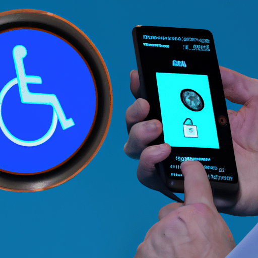 N with a disability in a wheelchair accessing a digital wallet interface on a touchscreen with a stylus, connecting to a decentralized cryptocurrency network