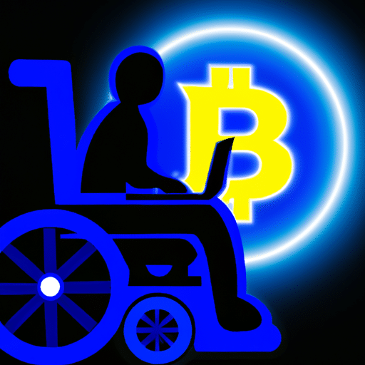 Stration of a person in a wheelchair operating a laptop with a glowing cryptocurrency symbol in the background