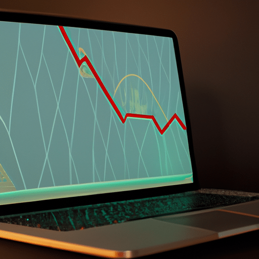  laptop with a stylized graph of a cryptocurrency's price history, with arrows pointing up and down to indicate volatility