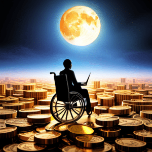 N in a wheelchair using a laptop to access a crypto exchange platform, with the light of a rising full moon reflecting off a pile of coins