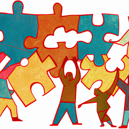 Ful illustration of a diverse group of people working together to overcome obstacles in the form of a jigsaw puzzle