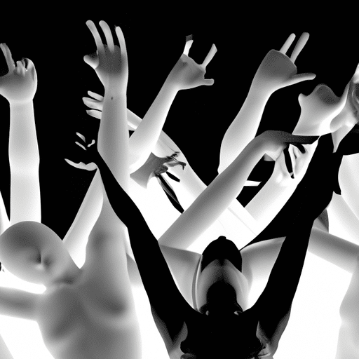 Ract image of a person with many hands and arms of varying sizes reaching up together