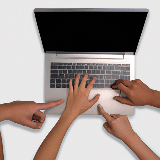 Ring of diverse hands around a laptop, each with a finger pointing to a different feature of the design