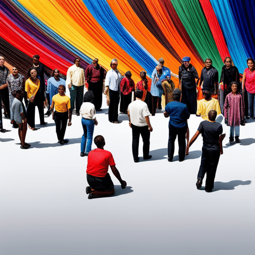 T, colorful image of a diverse group of people, each with their own way of interacting with a product, ranging from physical disabilities to different ethnicities
