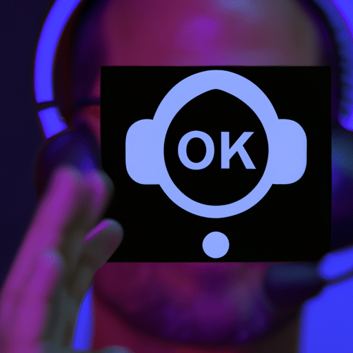 N with headphones on, gesturing "ok"while using a device with a speech recognition icon