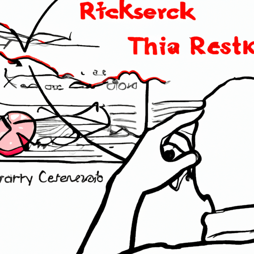 Stration of a person looking at a chart of a roller coaster representing the crypto market, hand on chin in contemplation, with an open book of risk management strategies nearby