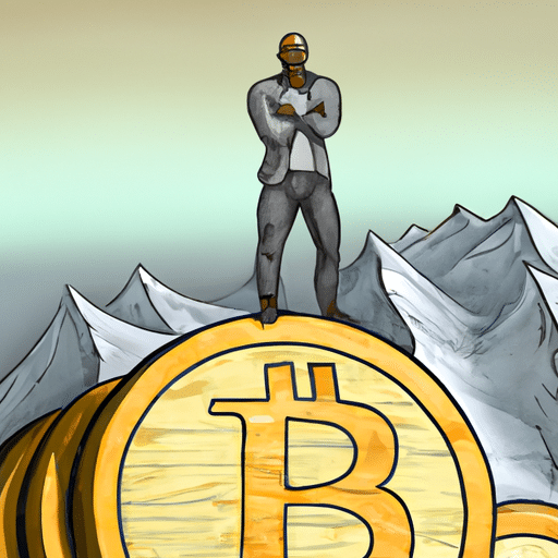 Zed graphic of a crypto trader confidently standing atop a mountain of coins, looking out ahead to identify trends and opportunities in the ever-shifting crypto market