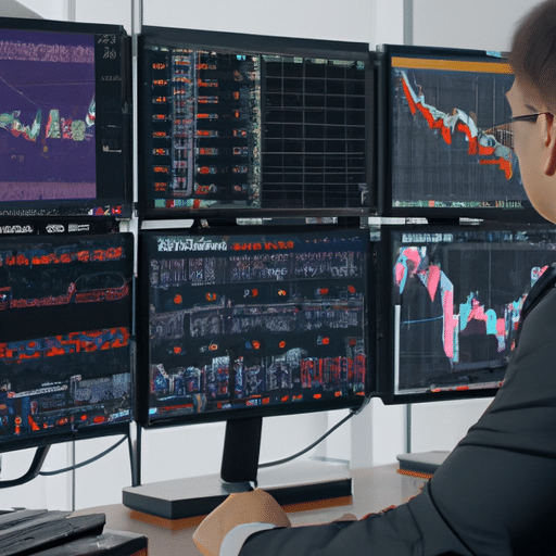 R sits at a desk with multiple computer monitors, surrounded by charts and graphs displaying crypto market data