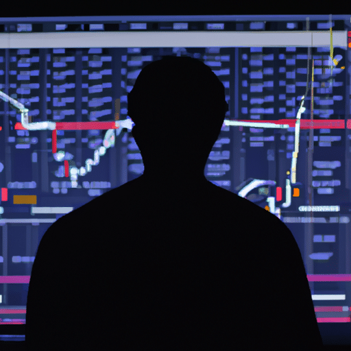 Uetted figure stands in front of a laptop monitor, illuminated by a graph of automated trading strategies that flash in the background