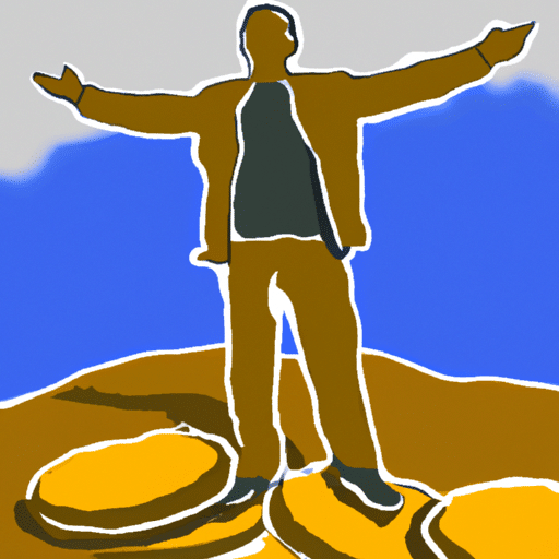 Stration of a person standing atop a hill of coins, with a confident expression and arms outstretched, looking forward to the horizon