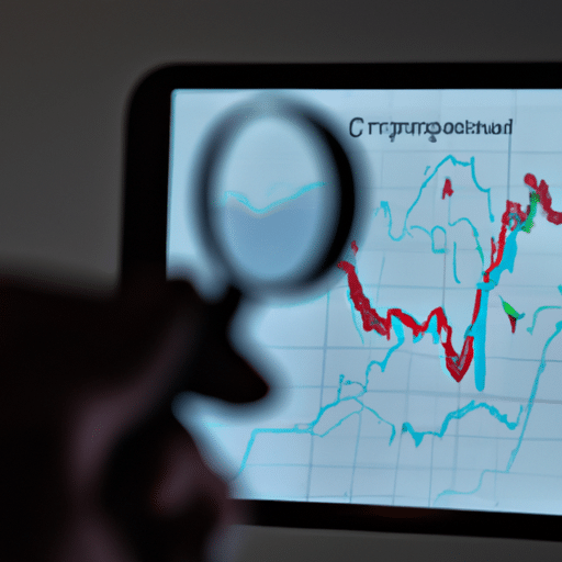 F a person looking at a graph of a disrupted crypto market on a digital device, with a magnifying glass hovering over a highlighted area of the graph
