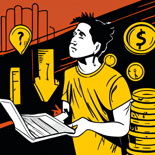 Stration of a person with a worried expression and a laptop in one hand and a stack of coins in the other, surrounded by a jumble of symbols and arrows