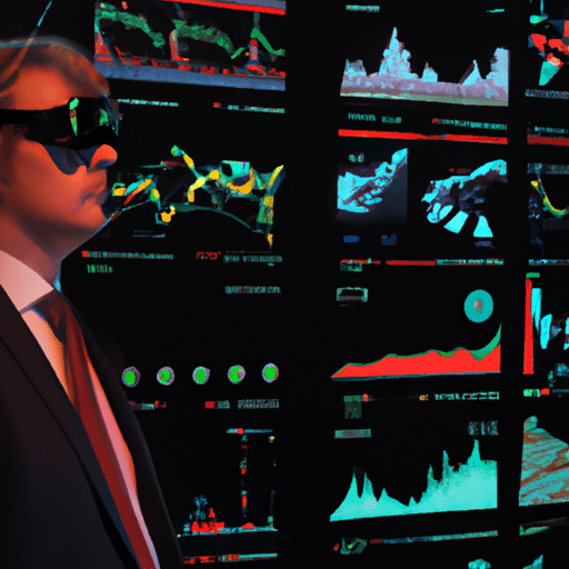N in a business suit wearing 3D glasses, looking at a stock market data visualization projected in front of them, surrounded by multiple screens of various crypto trading charts