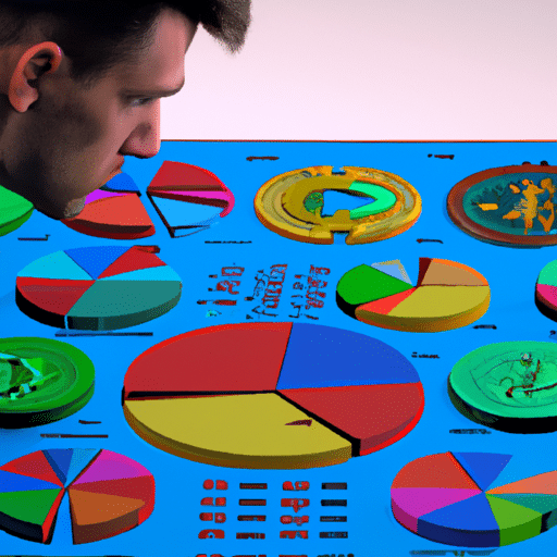 R looking intently at an array of crypto coins, hands in front of a colorful pie chart, with various pie slices labeled with trading goals