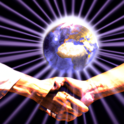Ive digital illustration of two hands shaking, connected by a globe of the world, with rays of light streaming out from the globe