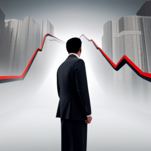 charting stock market fluctuations with a person in the foreground, looking up at the moving line with a determined expression