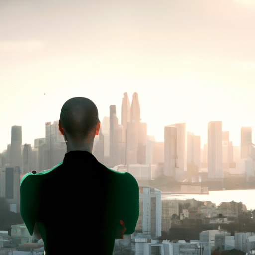 E of a person standing with arms crossed, looking out over a cityscape, with a rising sun in the background, emphasizing the importance of strategic planning and risk mitigation