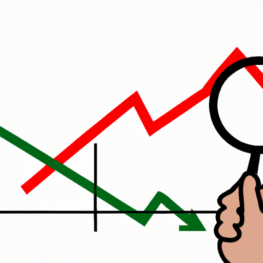 Holding a magnifying glass over a graph with two lines crossing each other with a red and green arrow pointing to each line