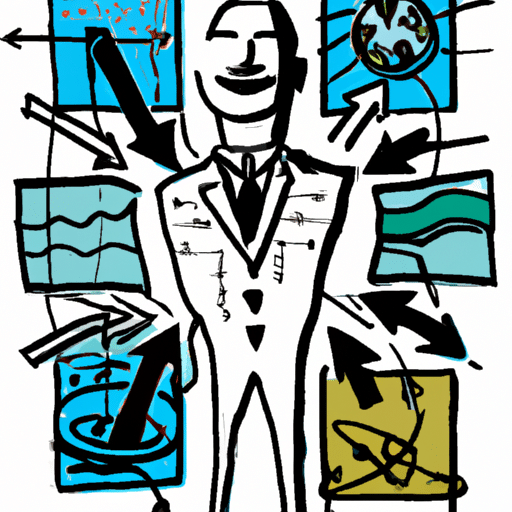 On human figure in a business suit, surrounded by icon images of water, air, land, and organisms, all connected by arrows of various sizes