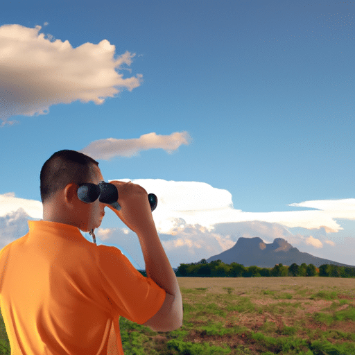 N with binoculars in a wide-open field looking toward a distant mountain, surrounded by a lush forest and a clear sky