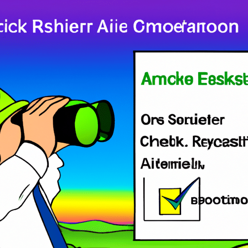 Stration of a person looking through binoculars, surveying a landscape, with a checklist in hand to identify environmental risks