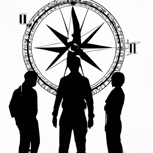 Uette of a student, a teacher, and a school administrator standing in the center of a compass, with each point of the compass symbolizing a risk assessment strategy