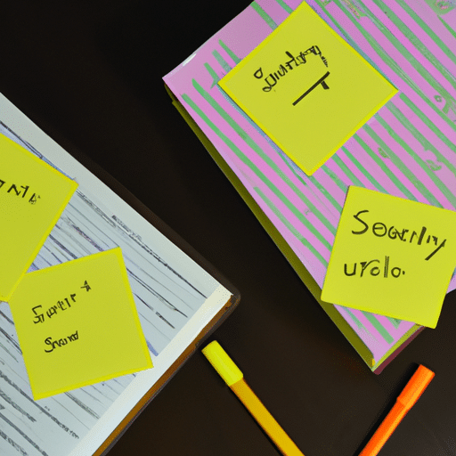 L desk with two textbooks open and surrounded by colorful sticky notes, each with a different strategy written on them