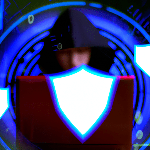 Nt surrounded by a shield of abstract, binary-code-like figures, with a laptop in the background, surrounded by a glowing, protective force field