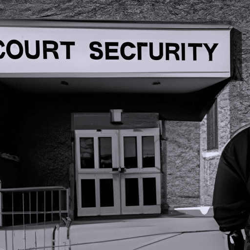Ity guard standing rigidly in front of a school entrance with their hands clasped behind them, a school gate closed and illuminated with a spotlight, and a surveillance camera positioned on top of the gate
