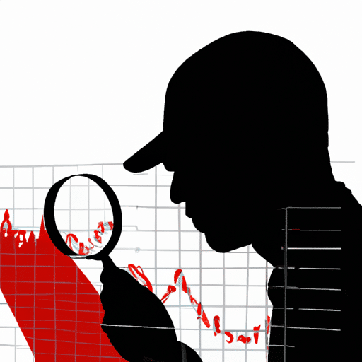Uette of a trader intently viewing a graph with a timeline of stocks, trends, and patterns, with a magnifying glass hovering over it