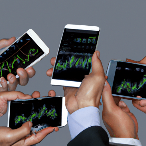 E of multiple hands holding phones, each phone displaying a different trading graph
