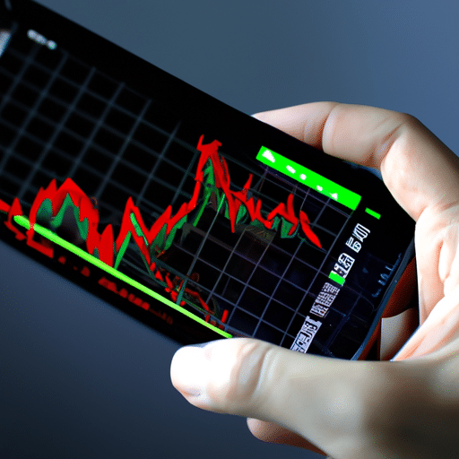 R using a mobile device, with a chart of a stock market graph open, showing a line of rapid growth