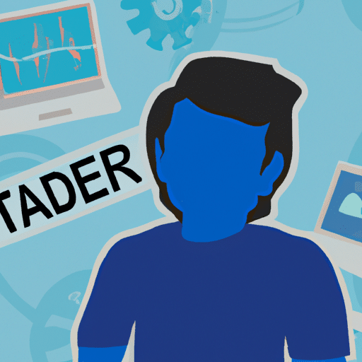 -up illustration of a trader looking at their laptop screen, surrounded by customer service icons representing technical support