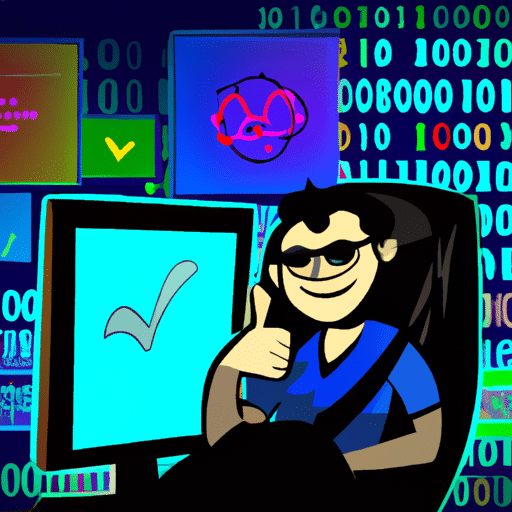 A person, with a satisfied smile and a thumbs up, surrounded by a complex web of code, debugging tools, and multiple monitors