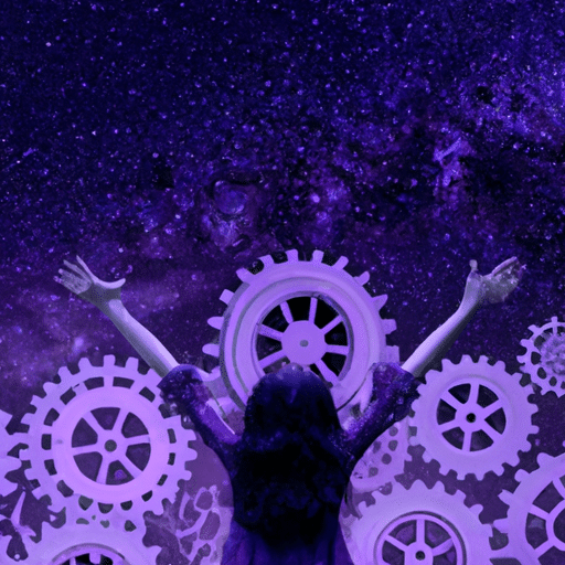  stretching her arms to encompass a vast sea of interconnected gears and cogs, her fingers reaching up to the starry sky