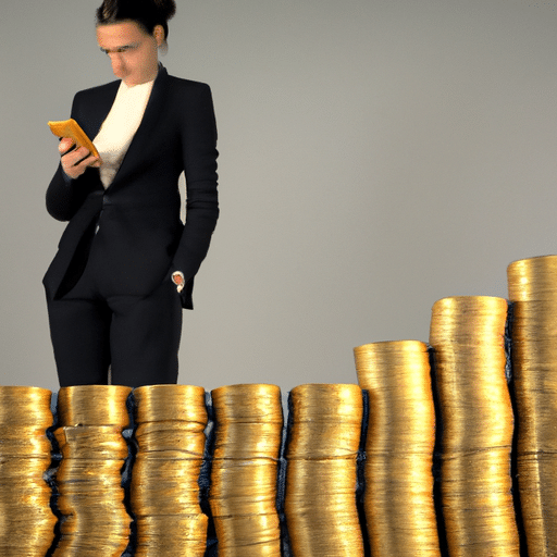  in a business suit looking towards a large stack of coins versus a pile of smartphones