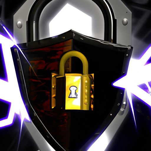 Stration of a lock with intricate and strong bolts surrounding it, topped with a glowing shield