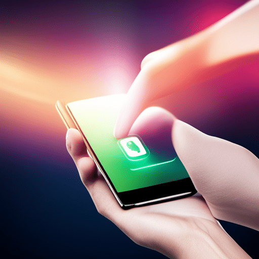 E of a hand tapping on a smartphone screen, highlighting the different features of an app with a bright green light