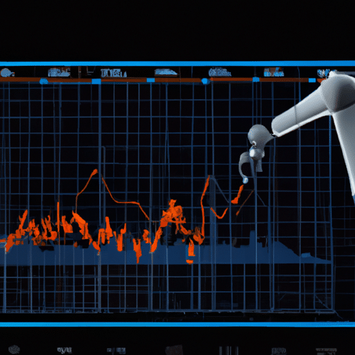 Ated sequence of a stock market graph, with a robotic arm introducing a 3D bar graph of algorithmic trading's performance advantages compared to traditional methods