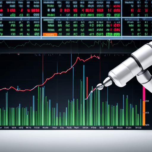 of stock market prices with a robotic arm making trades in the foreground