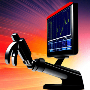 Ter monitor displaying a graph of stock prices with a robotic hand controlling a cursor, adjusting the lines and curves